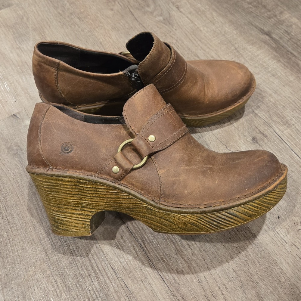 Born Women's US Size 9.5 Clog Boots Brown Chunky Platform Heels Side Zip